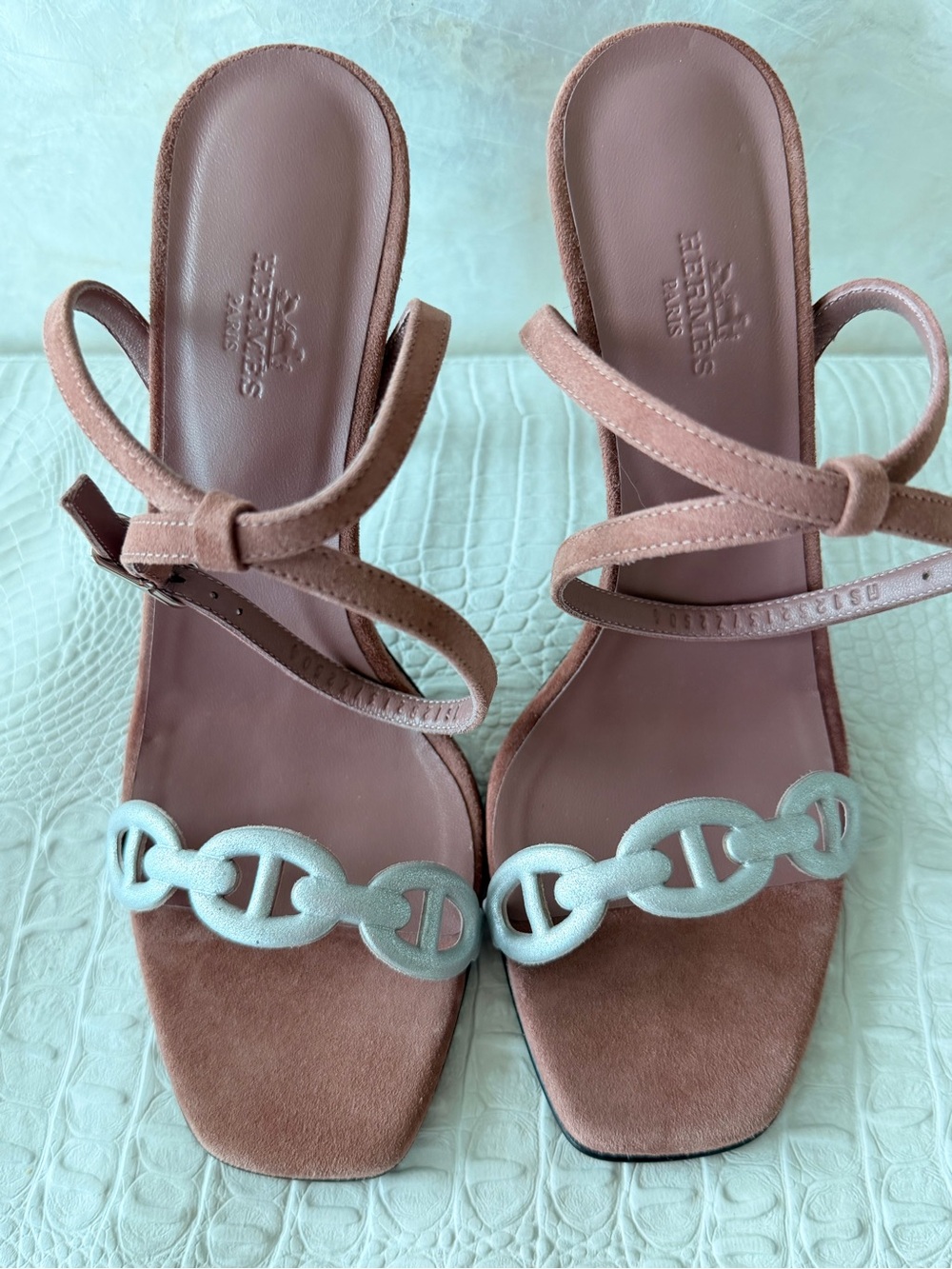 Hermes  Suede High Heel Slide Sandals Blush with Silver Accent Size 39,5 (9,5)